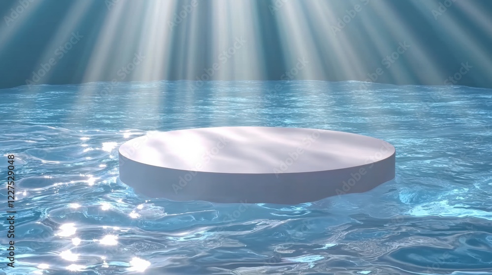 Poster white round podium on calm water with light rays illuminating it, creating a serene and tranquil atm