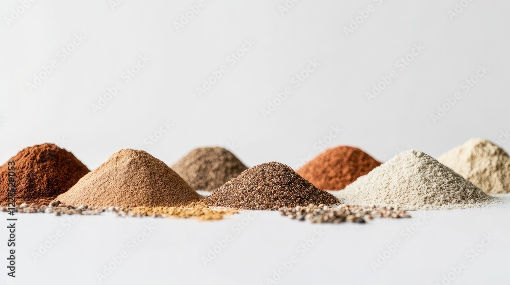 Poster a variety of natural powders and grains in small heaps, arranged to form a gradient of earthy tones 