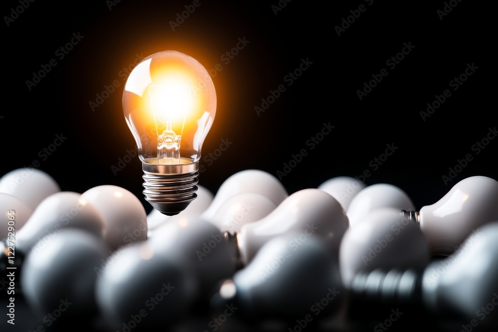 Poster a single glowing light bulb among a cluster of unlit bulbs, symbolizing a distinct idea or realizati