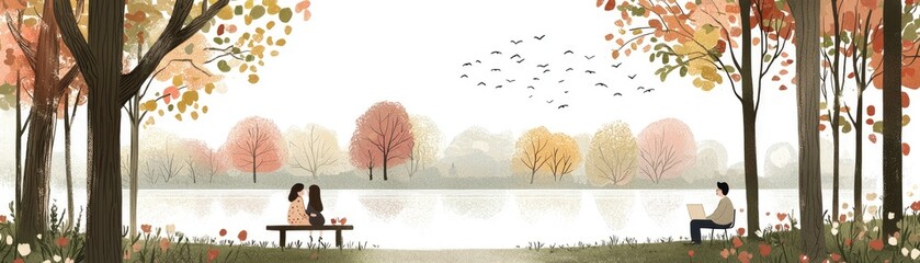 Autumn lake, couples relaxing, birds flying, tranquil scene