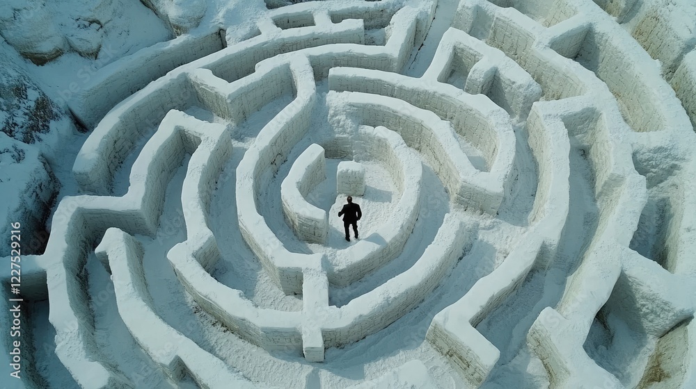 Poster a vast white maze with a businessman making his way through, seen from above, emphasizing the comple