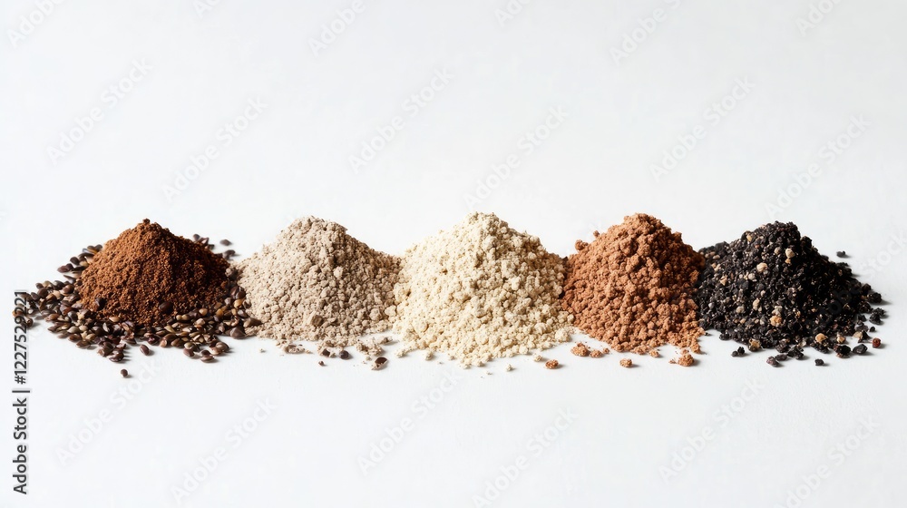 Poster a variety of natural powders and grains in small heaps, arranged to form a gradient of earthy tones 