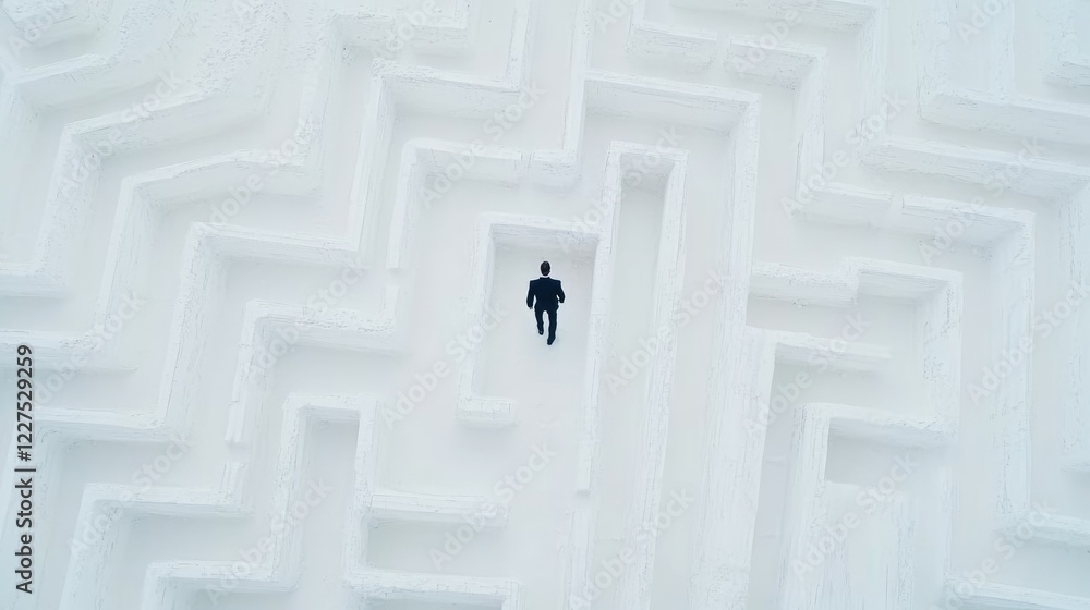 Poster A vast white maze with a businessman making his way through, seen from above, emphasizing the complexity of business decisions and challenges ahead