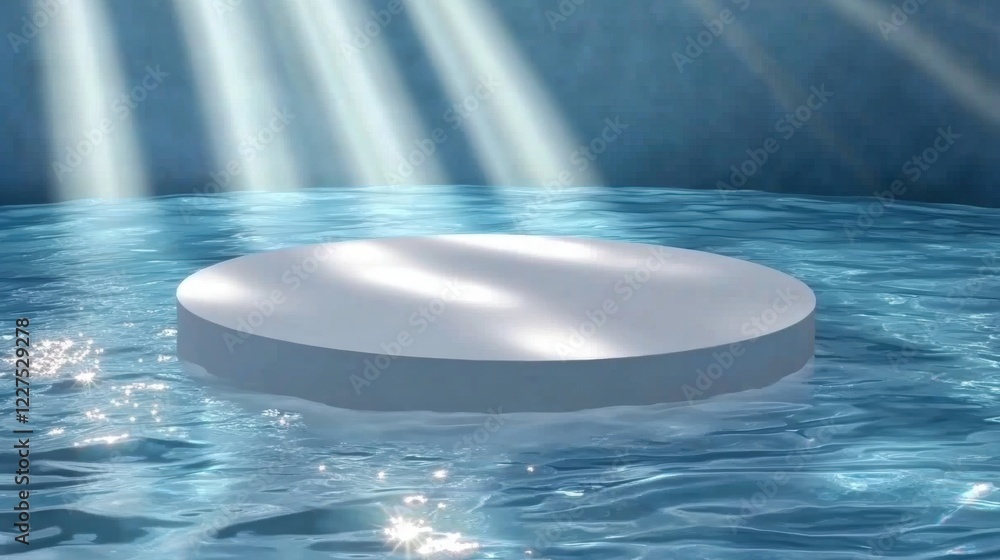 Poster serene white round podium floating on water illuminated by soft rays of light in a tranquil atmosphe