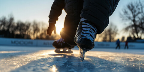 Ice Skater's Feet and Lower Legs at Sunset on an Outdoor Rink