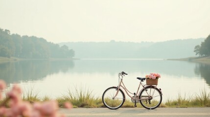Serene lakeside bicycle with a basket of flowers, peaceful landscape, tranquil scene