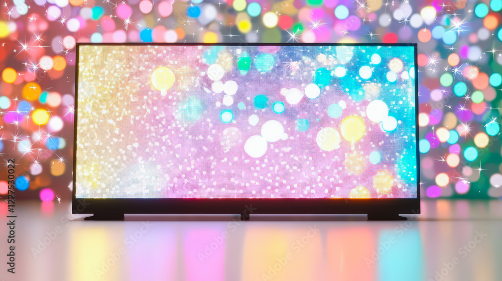 Poster vibrant light display on screen surrounded by colorful bokeh background at night