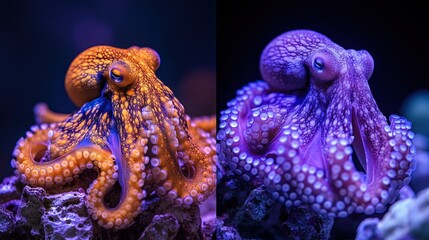 Obraz premium Two octopuses, one orange, one purple, on rocks.