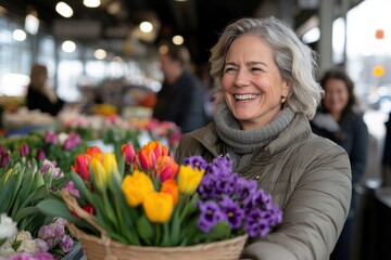 Fototapeta premium A mature female vendor beams with joy while presenting her basket of colorful flowers in a busy market, capturing the essence of community engagement and natural beauty.