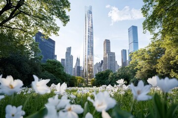 A single tall skyscraper with unique architecture, standing out in a city skyline of uniform buildings
