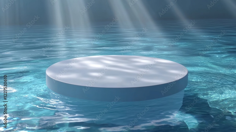 Poster abstract scene of a white round podium floating on water surrounded by light rays illuminating the c