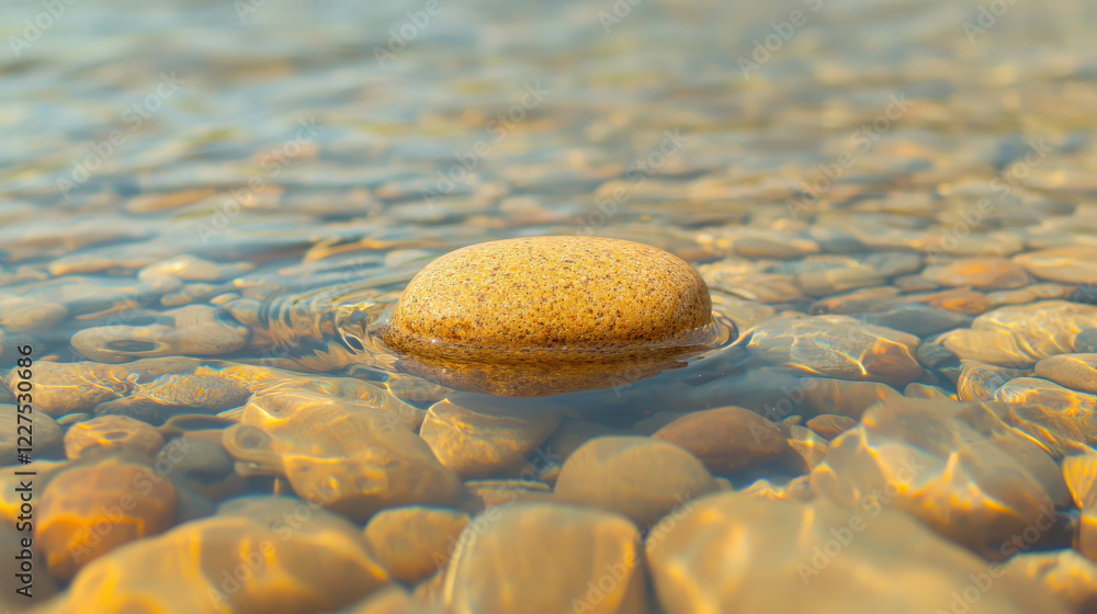 Poster macro shot of a pebble partially submerged in a calm river water surface
