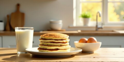 A stack of golden brown pancakes sits on a white plate next to a glass of milk and a bowl of eggs on a sunlit wooden table in a bright kitchen.