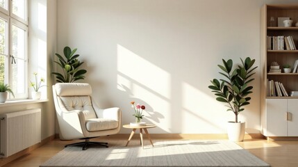 Fototapeta premium Serene Living Room with Cream Armchair, Sunlight Streaming Through Window, and Potted Plants