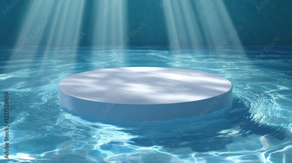 Poster abstract white round podium floating on water with light rays illuminating from above creating a ser