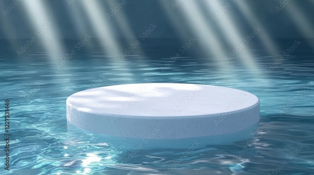 Poster white round podium suspended on water with soft light rays creating a tranquil atmosphere in a seren