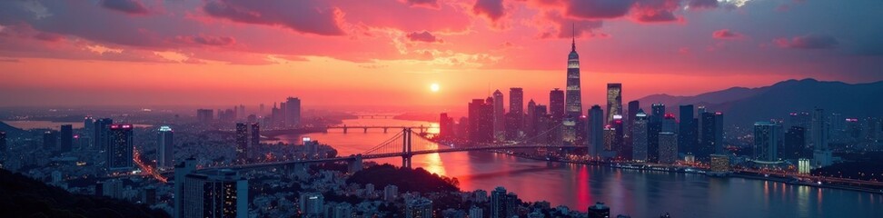 Obraz premium Dramatic cityscape at sunset, skyscrapers & bridges , reflection, bridge