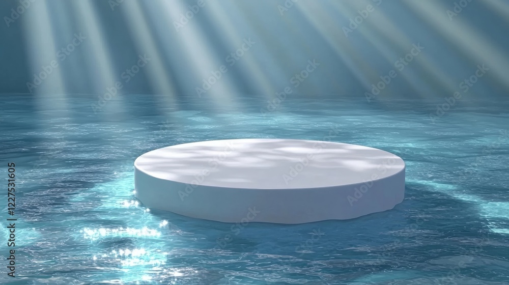 Poster white round podium floating on water with soft light rays and serene background creating a tranquil 