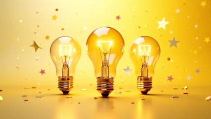 Three light bulbs are lit up and surrounded by glitter. The light bulbs are positioned in a row, with the middle one slightly taller than the other two. The glitter adds a sense of celebration