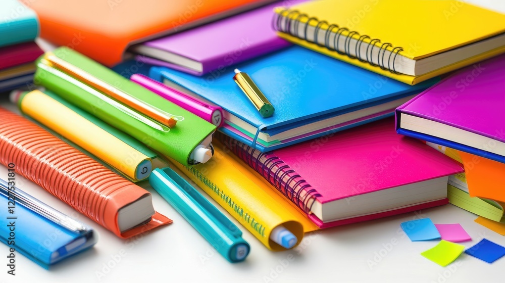 Poster a vibrant collection of colorful notebooks, with highlighters and sticky notes beside them, neatly a