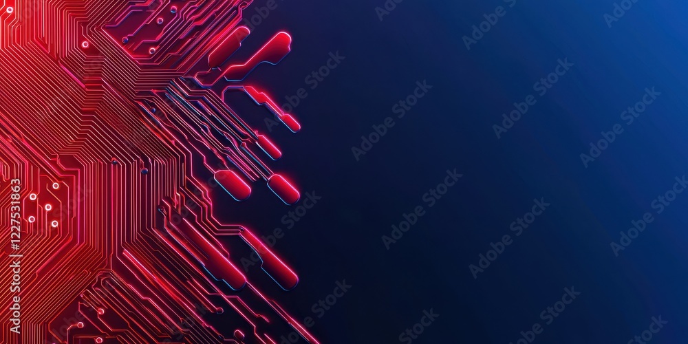 Poster a vibrant abstract design featuring red circuit patterns on a dark blue background, symbolizing tech