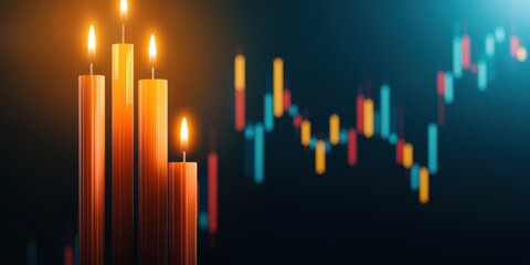 A close-up of colorful candles beside a financial chart, illustrating the interplay between candle patterns and market trends.