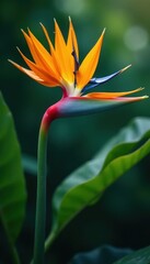 Obraz premium Giant bird of paradise flower,broad banana leaves , macro, exotic flower