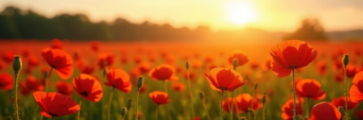 Golden sunlight bathes a field of scarlet poppies swaying gently , green, outdoor