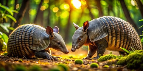 Adorable Armadillos Foraging in Lush Forest - Close-Up Wildlife Photography