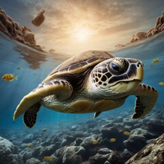 Obraz premium Turtle gliding through the water. endangered animals