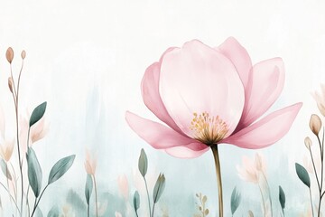A soft watercolor painting of a single flower blooming brightly in a meadow of green grass, with delicate brushstrokes emphasizing its special beauty