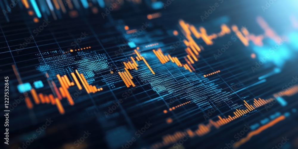 Poster a digital visualization of financial data, showcasing vibrant graphs and charts that represent marke