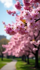 Fototapeta premium Pink Kwanzan cherry blossoms in full bloom, Central Park spring scene, colorful, vibrant