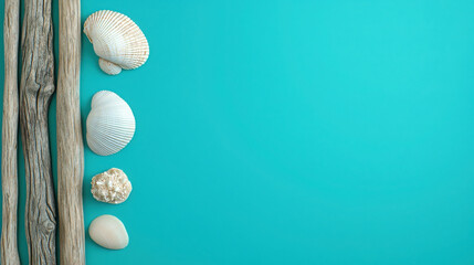 Fototapeta premium Minimal Banner Design Featuring Seashells and Driftwood on Turquoise Background