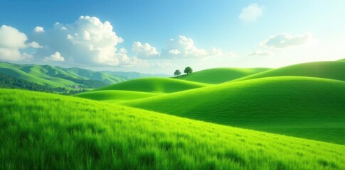 Fototapeta premium Rolling hills of emerald grass, peaceful scene , sunlight, farmland