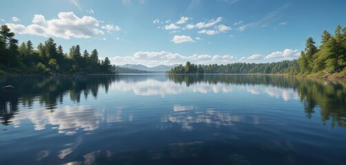 Fototapeta premium Serene blue sky with ripples on a calm lake surface, blue sky reflective water, tranquility , body of water