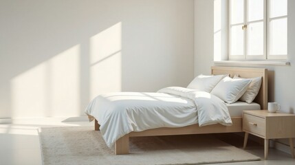 Sunlit Bedroom Sanctuary  A Minimalist Bedroom Design Featuring a Light Wooden Bed Frame, Crisp White Bedding, and a Small Side Table with a Coffee Cup