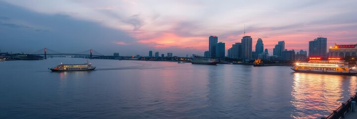 Fototapeta premium serene and peaceful scene of Chao Phraya River in Bangkok during twilight hours, calmness, soothing atmosphere, landscape