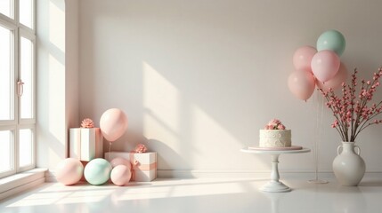 Obraz premium Pastel Celebration A Festive Scene with Balloons, Cake, and Gifts in a Bright Room