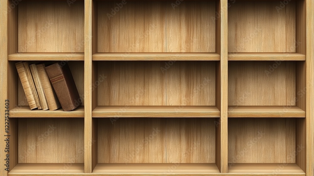 Poster wooden bookshelf background for presentation and design projects featuring empty shelves perfect for