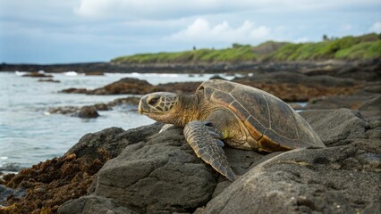 Sea turtle species megalochelys resting on a rocky outcropping, gigantea, megalochelys, turtles, beach scene