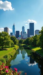 Fototapeta premium City Park's sweeping view of Denver's skyscrapers, skyscrapers, shadow