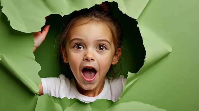 a lovely young girl with a crazy, ecstatic face that peeks out of a green paper background