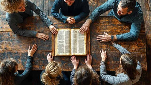 Shared Book: Five people, both men and women, sit around a weathered wooden table, their hands resting on an open book, creating a scene of shared stories and knowledge.