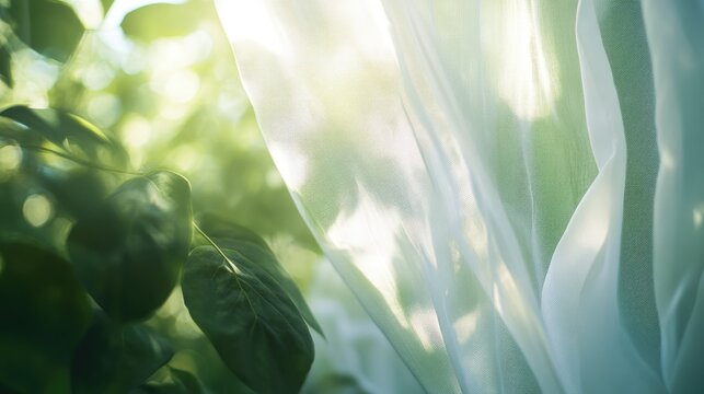 Light fabric curtains swaying softly with a garden full of greenery blurred in the background, peaceful setting, no people