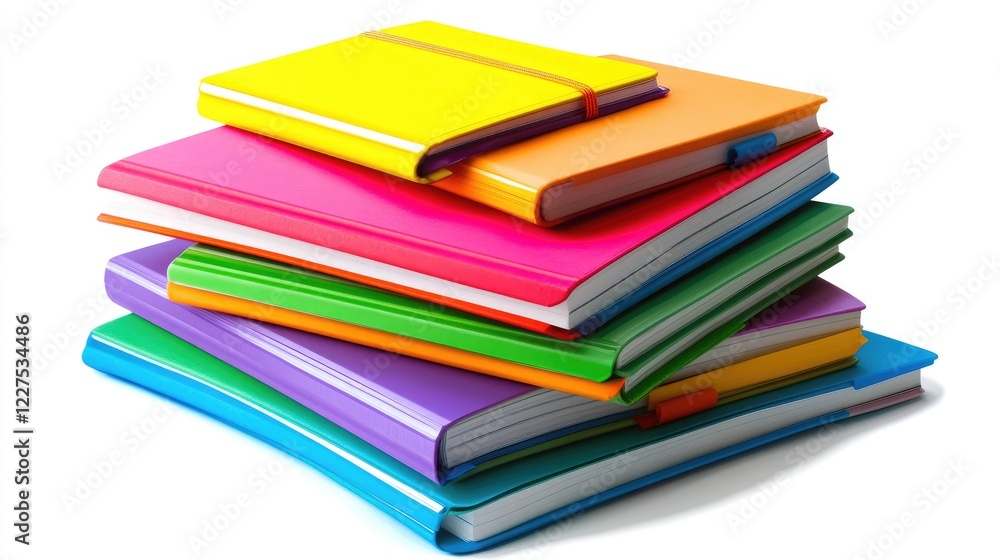 Poster A vibrant stack of colorful notebooks surrounded by highlighters and sticky notes, arranged neatly on a clean white background, perfect for study or organization