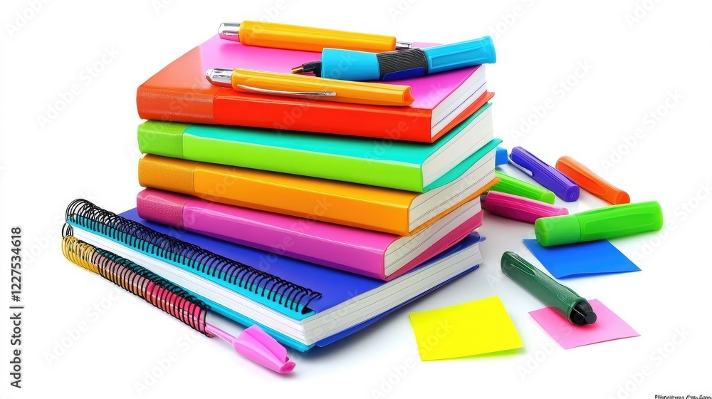 Poster A vibrant stack of colorful notebooks surrounded by highlighters and sticky notes, arranged neatly on a clean white background, perfect for study or organization