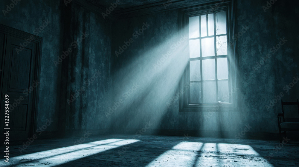 Poster moonlight shining through windows of an abandoned room creating an ethereal atmosphere