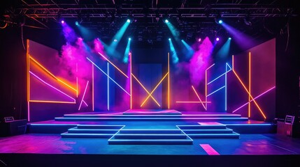 A vibrant ultraviolet-lit stage featuring geometric shapes and glowing neon lines, creating a bold and dynamic visual display for a modern, energetic performance