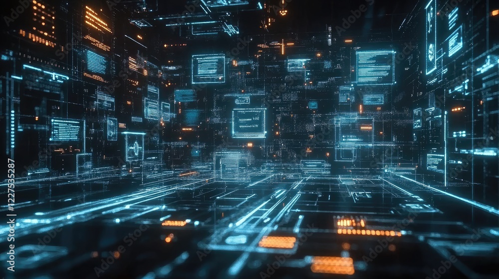 Poster A visually captivating image of interconnected devices with glowing data nodes, showcasing the flow of information in a futuristic, unified digital transformation ecosystem